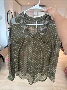 Free People Easy Rider Button Down Green Blouse